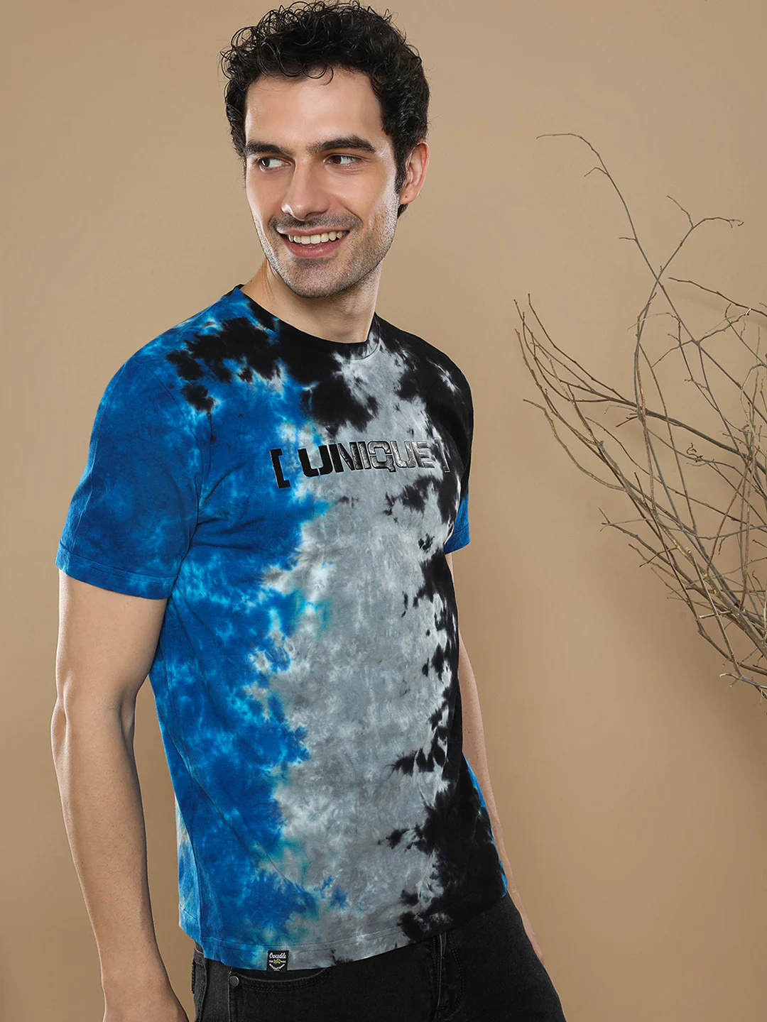 Tie Dye Asymetric T-Shirt With Chest Print In Royal Blue