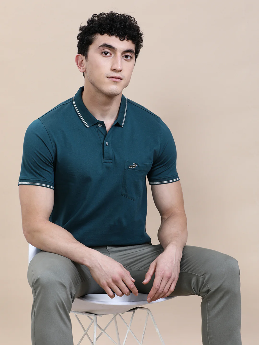 Teal Blue Solid Polo T-Shirt with Pocket