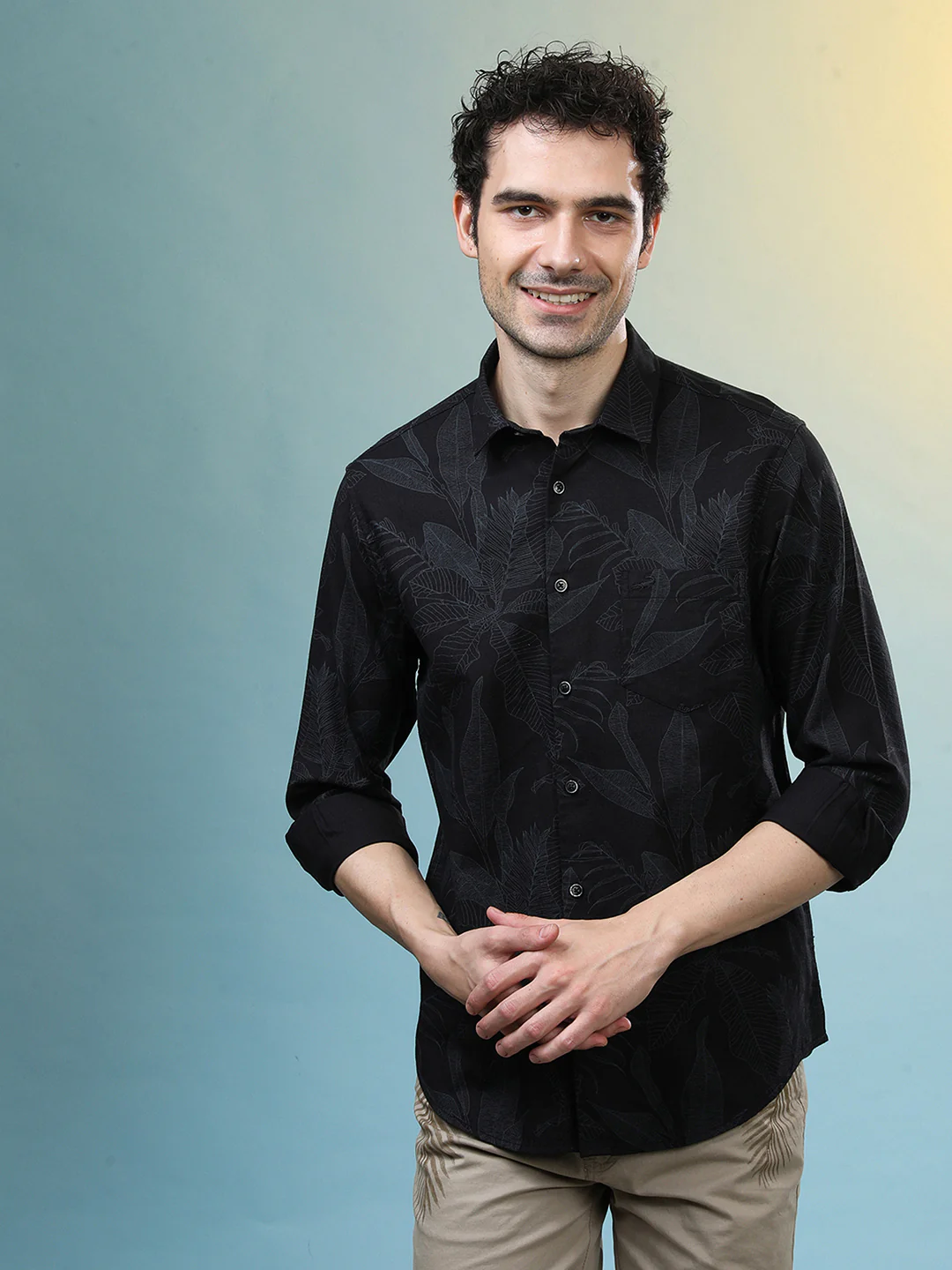 Artistic Leaf Printed Casual Shirt in Cotton Fabric Black