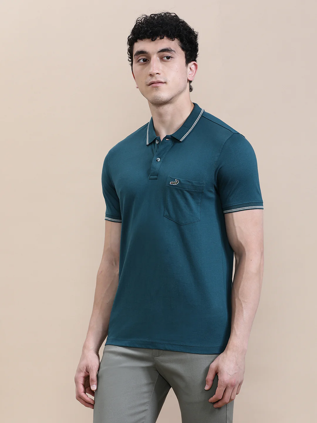 Teal Blue Solid Polo T-Shirt with Pocket
