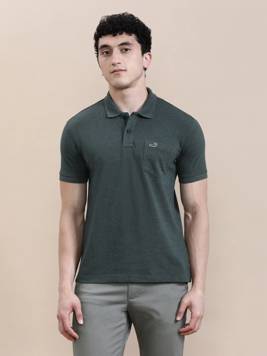 Solid Polo T-Shirt Green Melange with Pocket