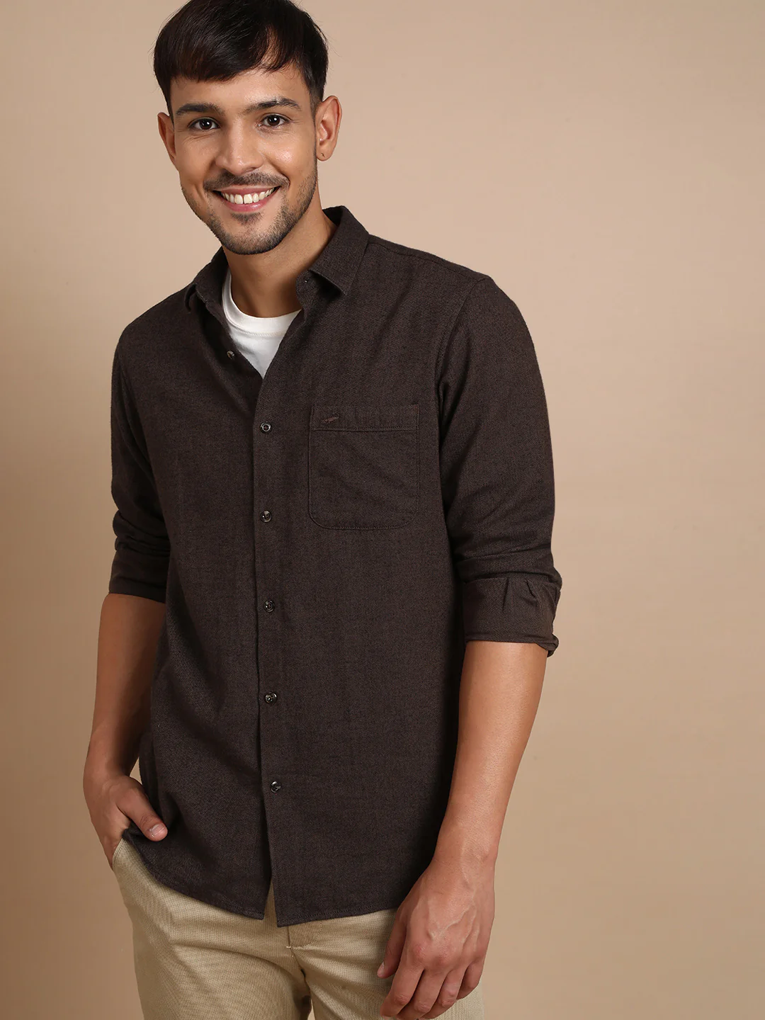 Brown Solid Full Sleeve 100% Cotton Shirt