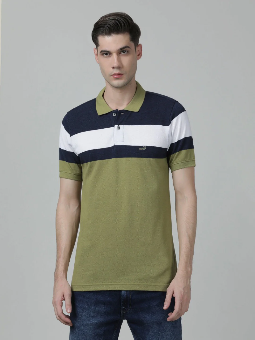 Striped Olive Green Casual Polo T-Shirt