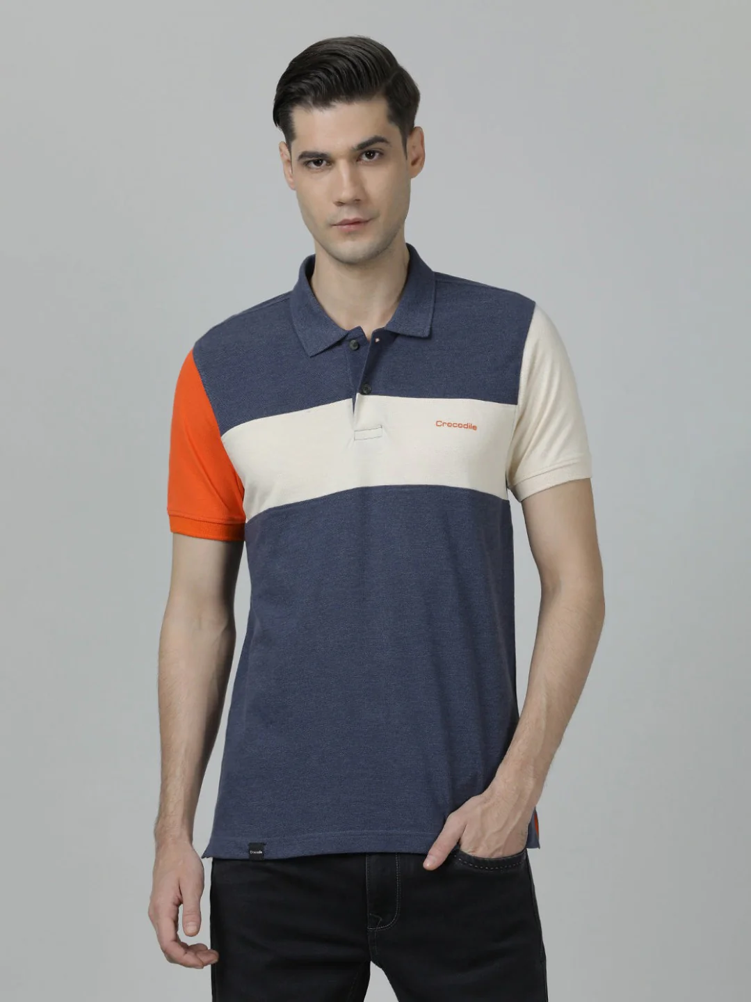 Navy Blue Colourblocked Casual Polo T-Shirt