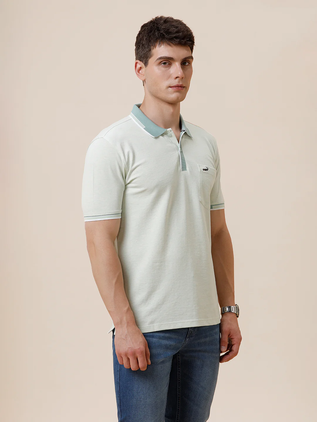 Melange Solid Polo Tshirt With Plated Collar & Cuff In Green Melange