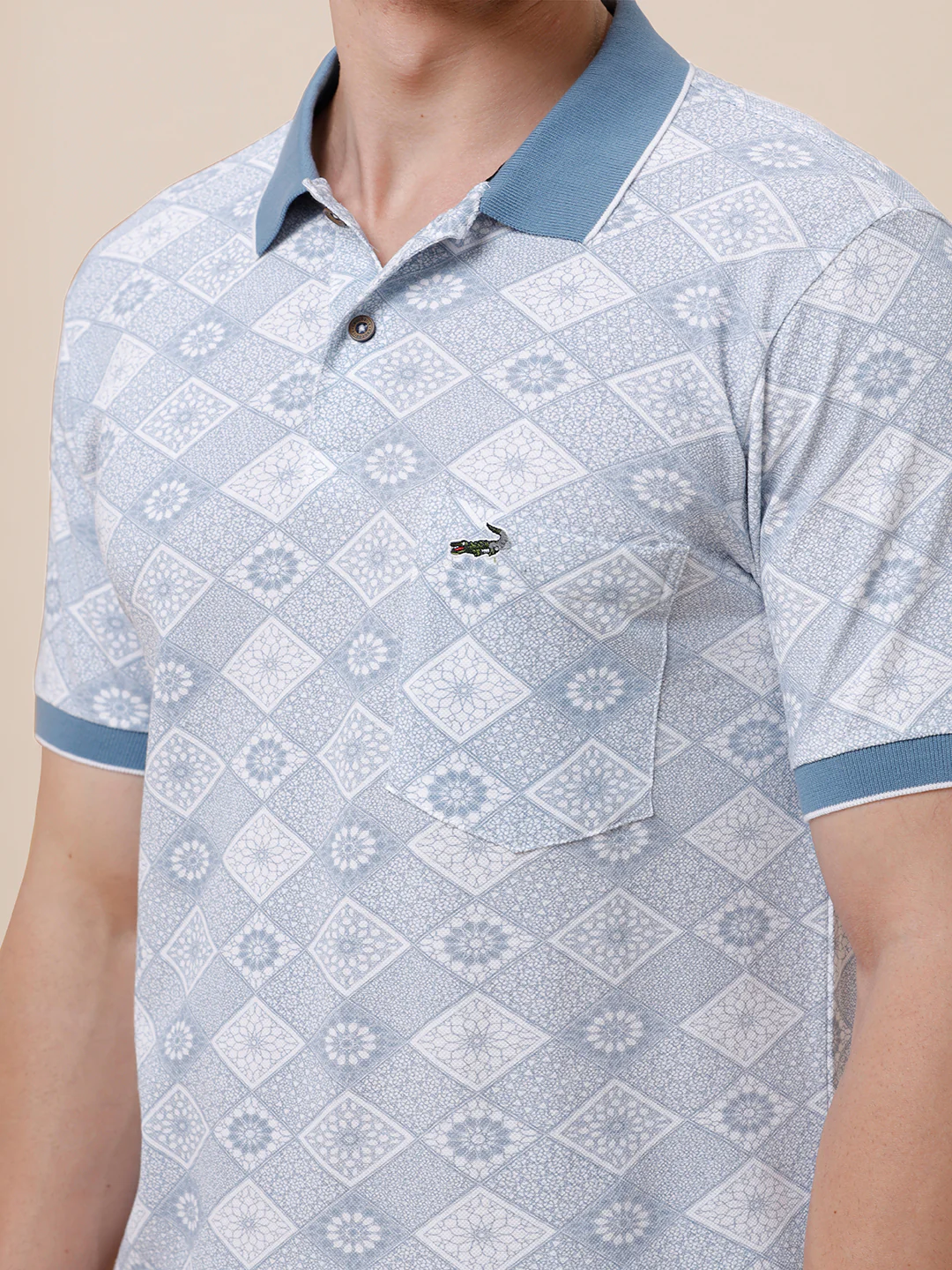 Geometric Printed Polo With Contrast Rib In Vinatge Indigo