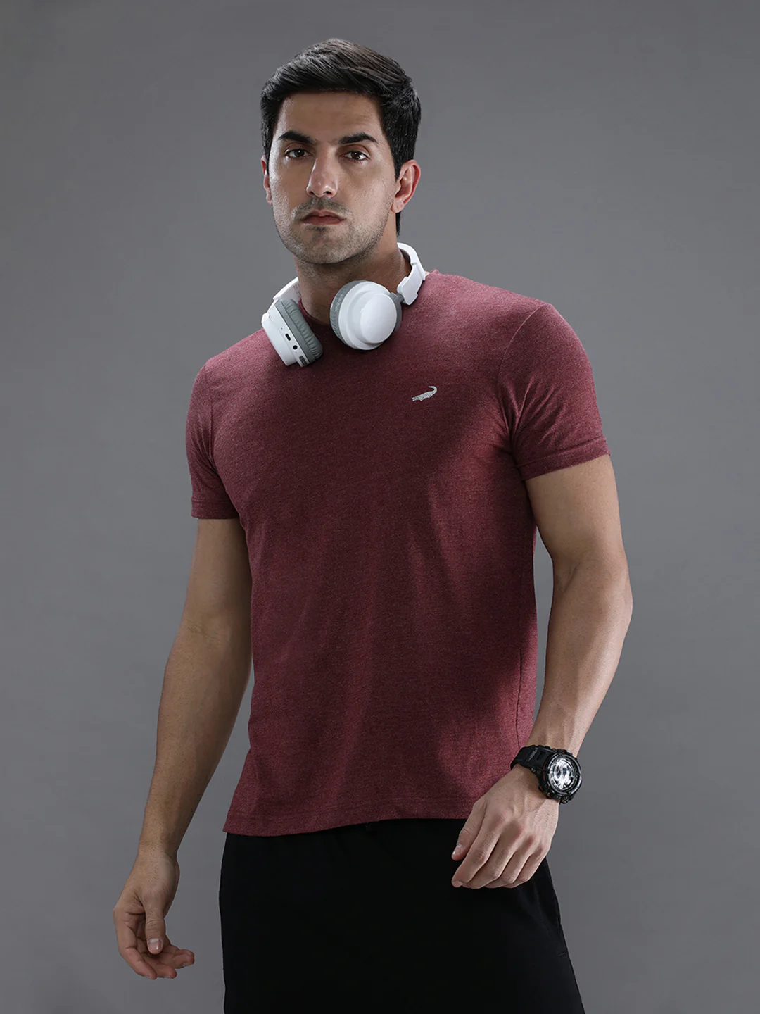 Maroon Melange Casual Solid T-Shirt