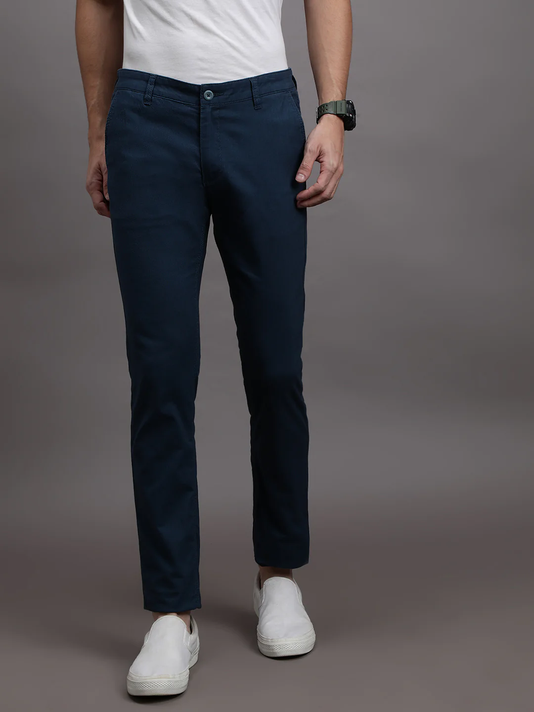 Solid Navy Slim Fit Casual Trouser