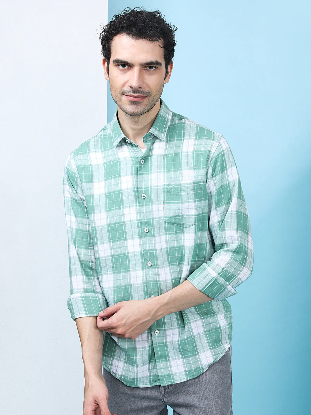 Linen Blend Check Casual Shirt Green