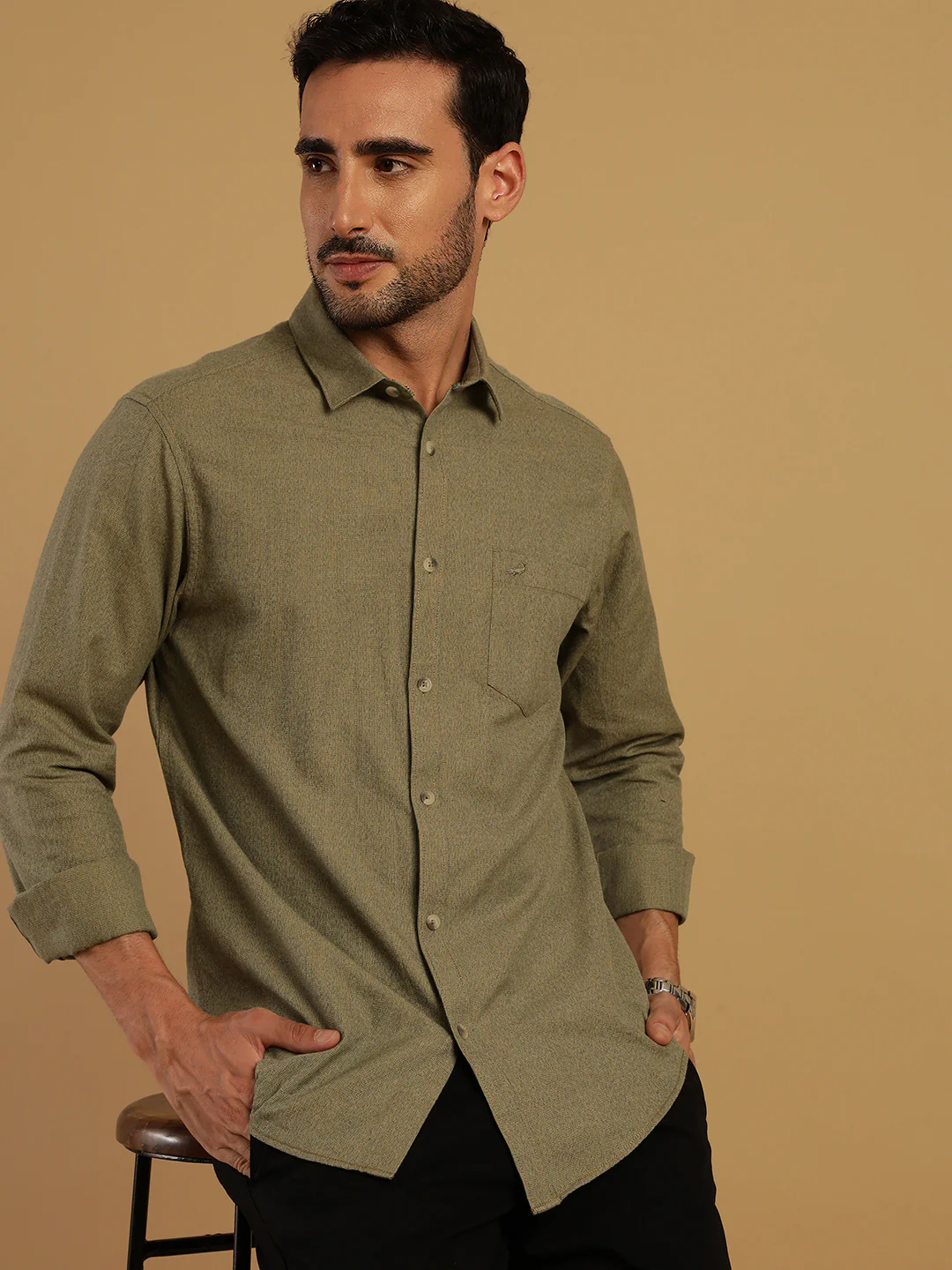Green Solid Casual Full Sleeve 100% Cotton Shirt