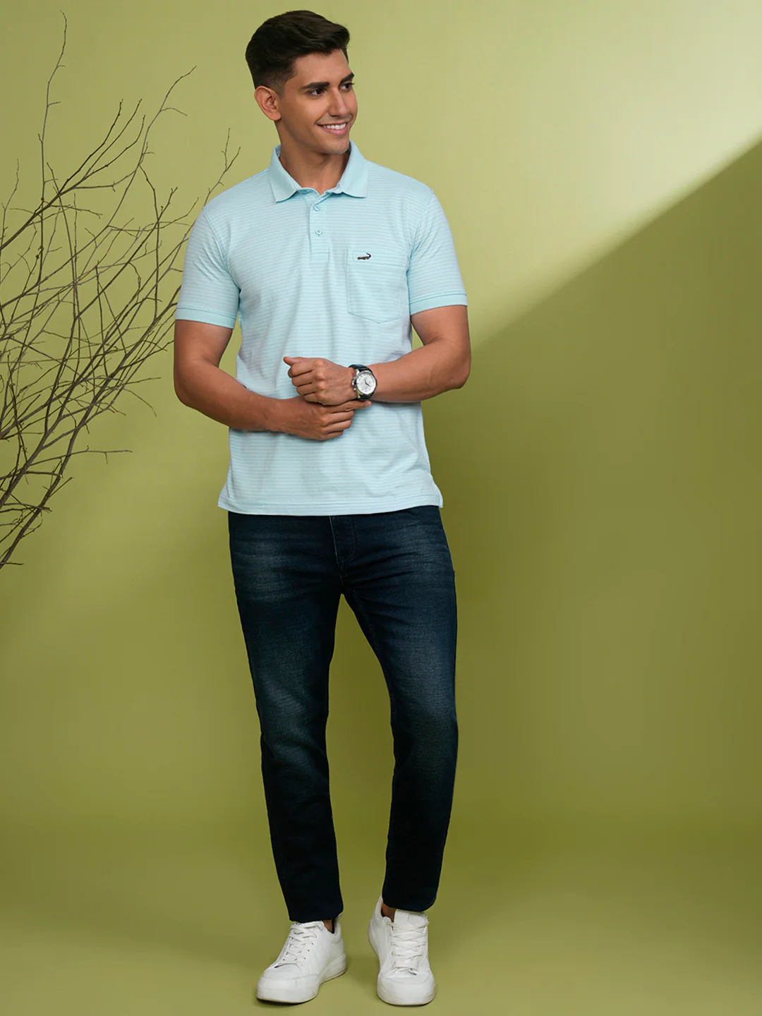 Solid Self Texture Polo T-Shirt in Powder Blue with Pocket