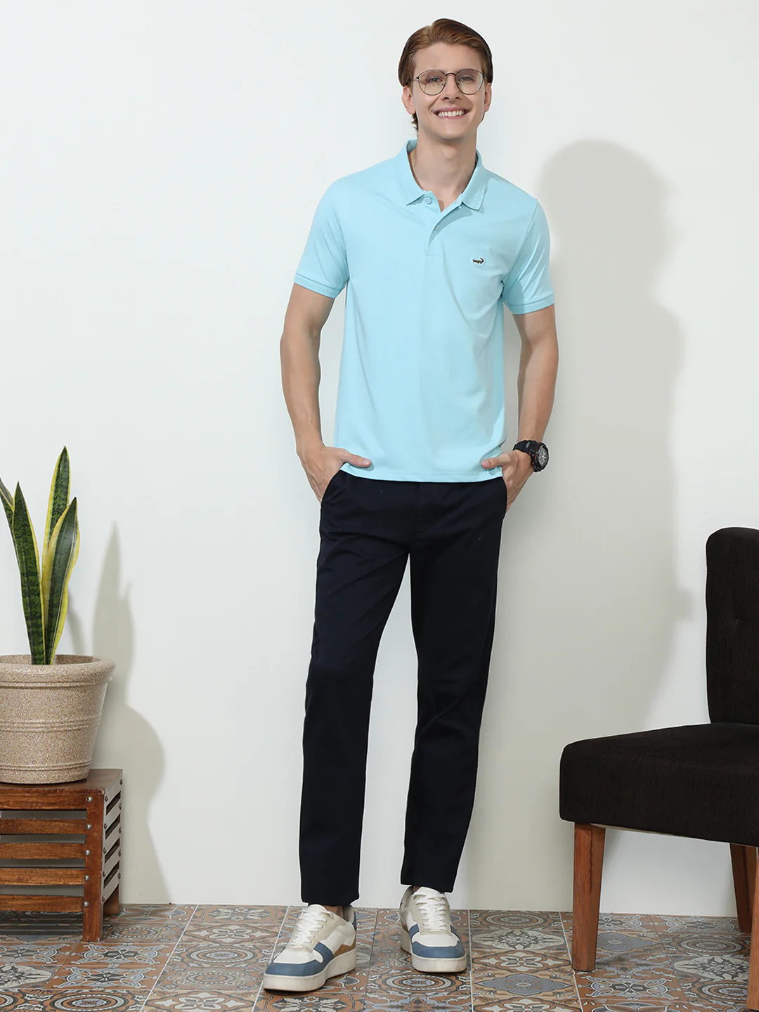 Blue Solid Half Sleeve Casual Polo T-Shirt