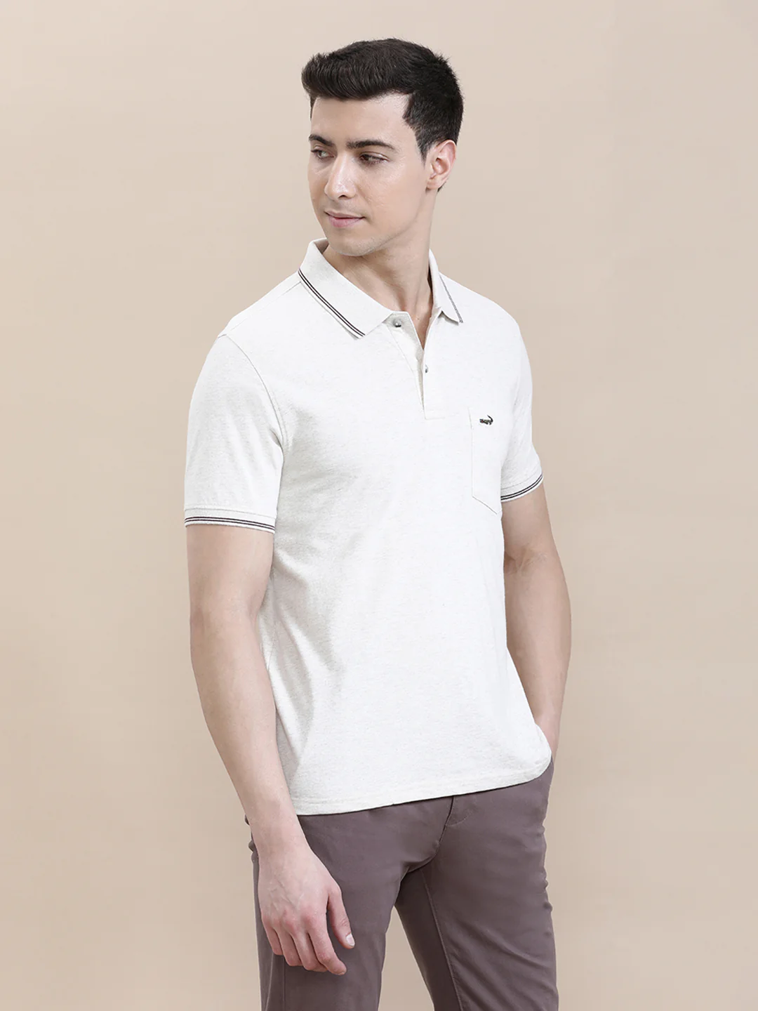Beige Solid Casual Polo T-Shirt with Pocket