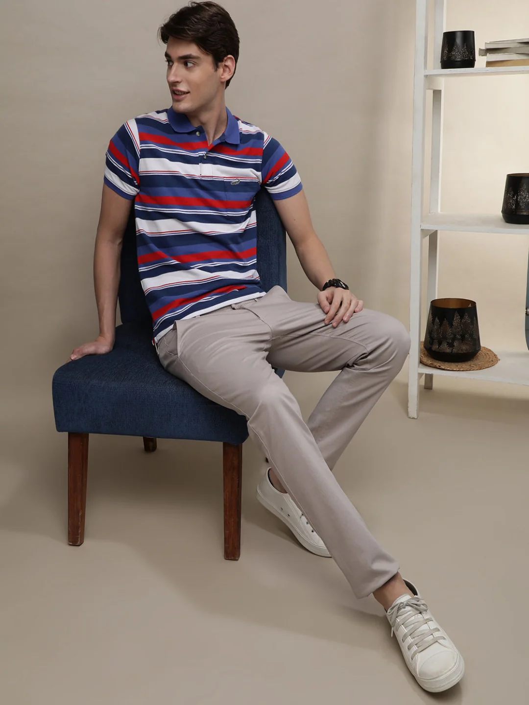 Blue and White Striped Polo T-Shirt