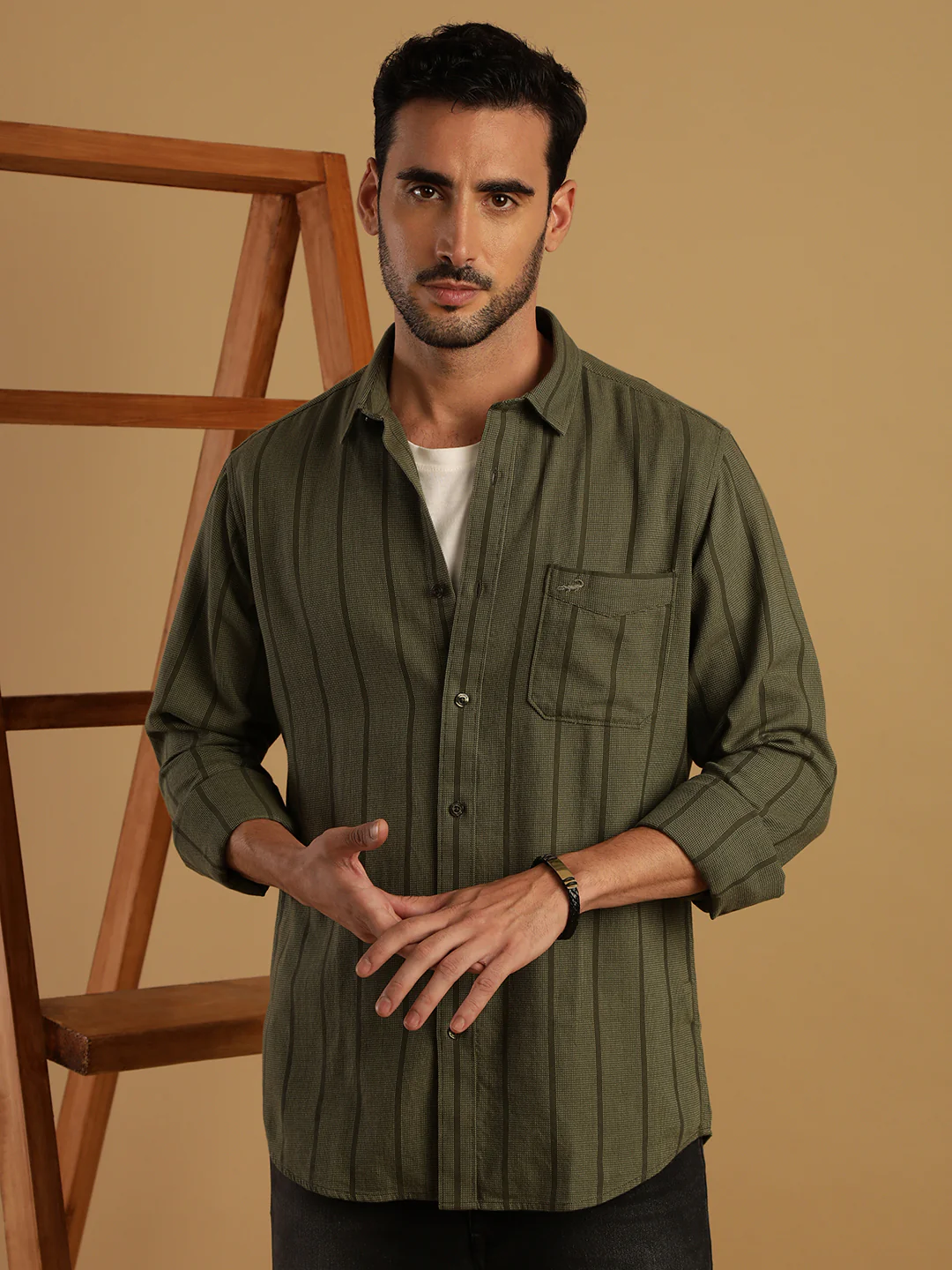 Green Striped Full Sleeve 100% Cotton Shirt