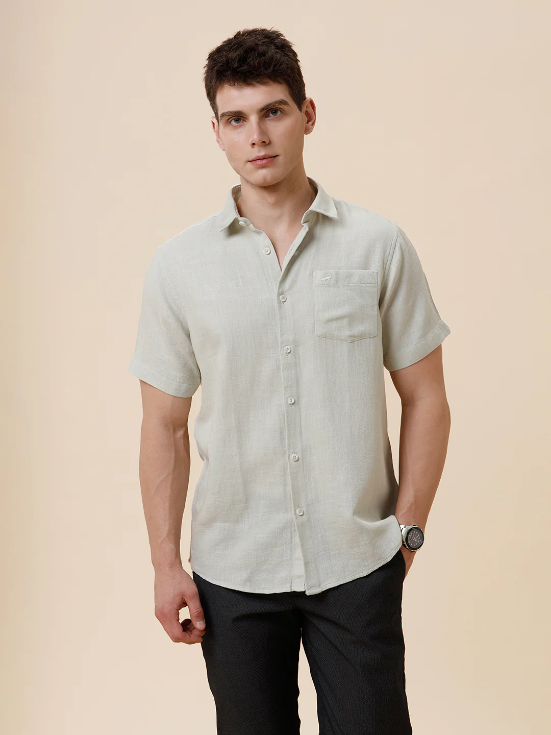 Pure Cotton Textured Green Shirt