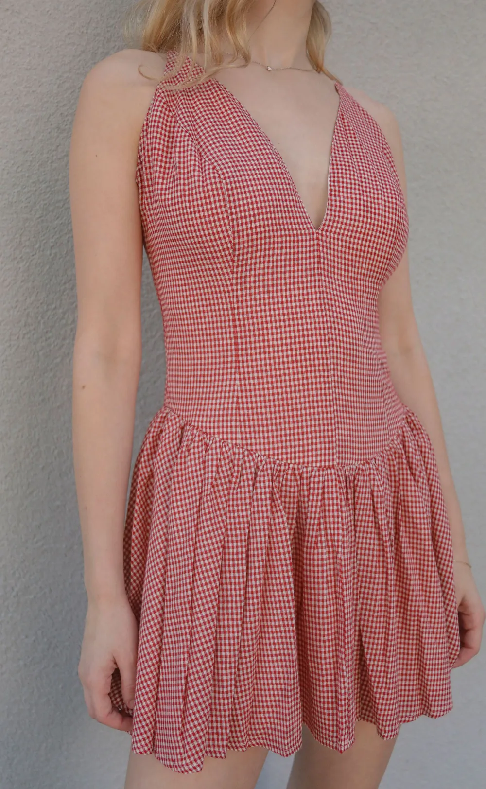 Red Gingham V Neck Ruffled Dress