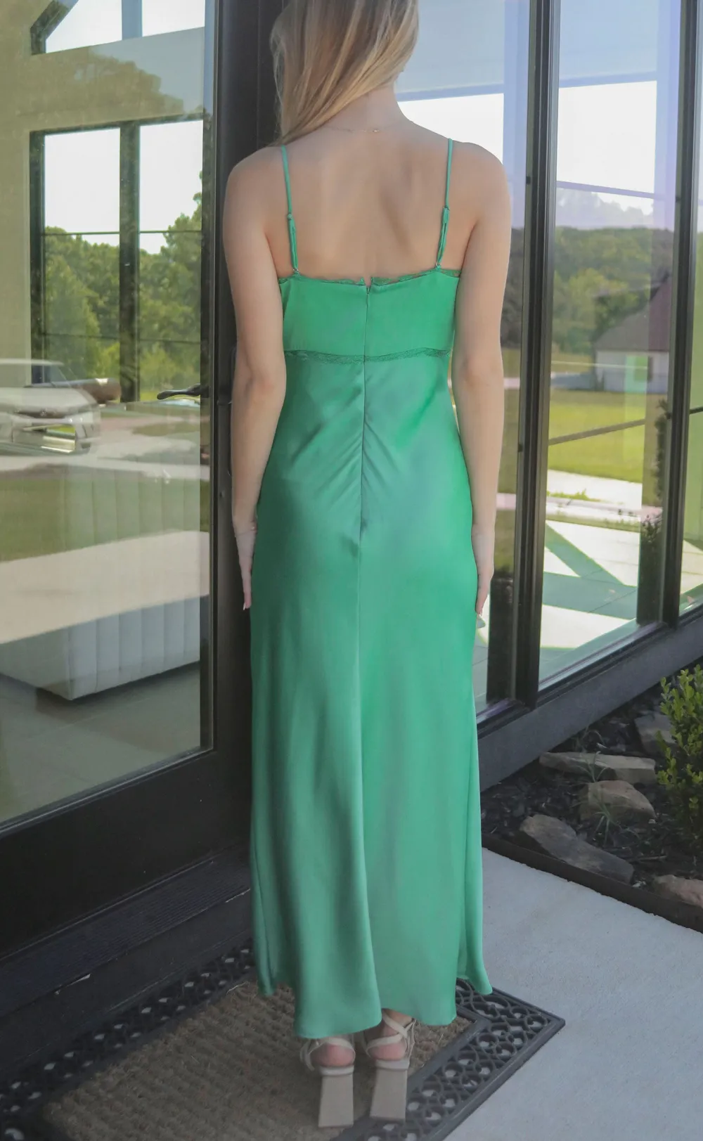 Green Ruched Spaghetti Strap Maxi Dress