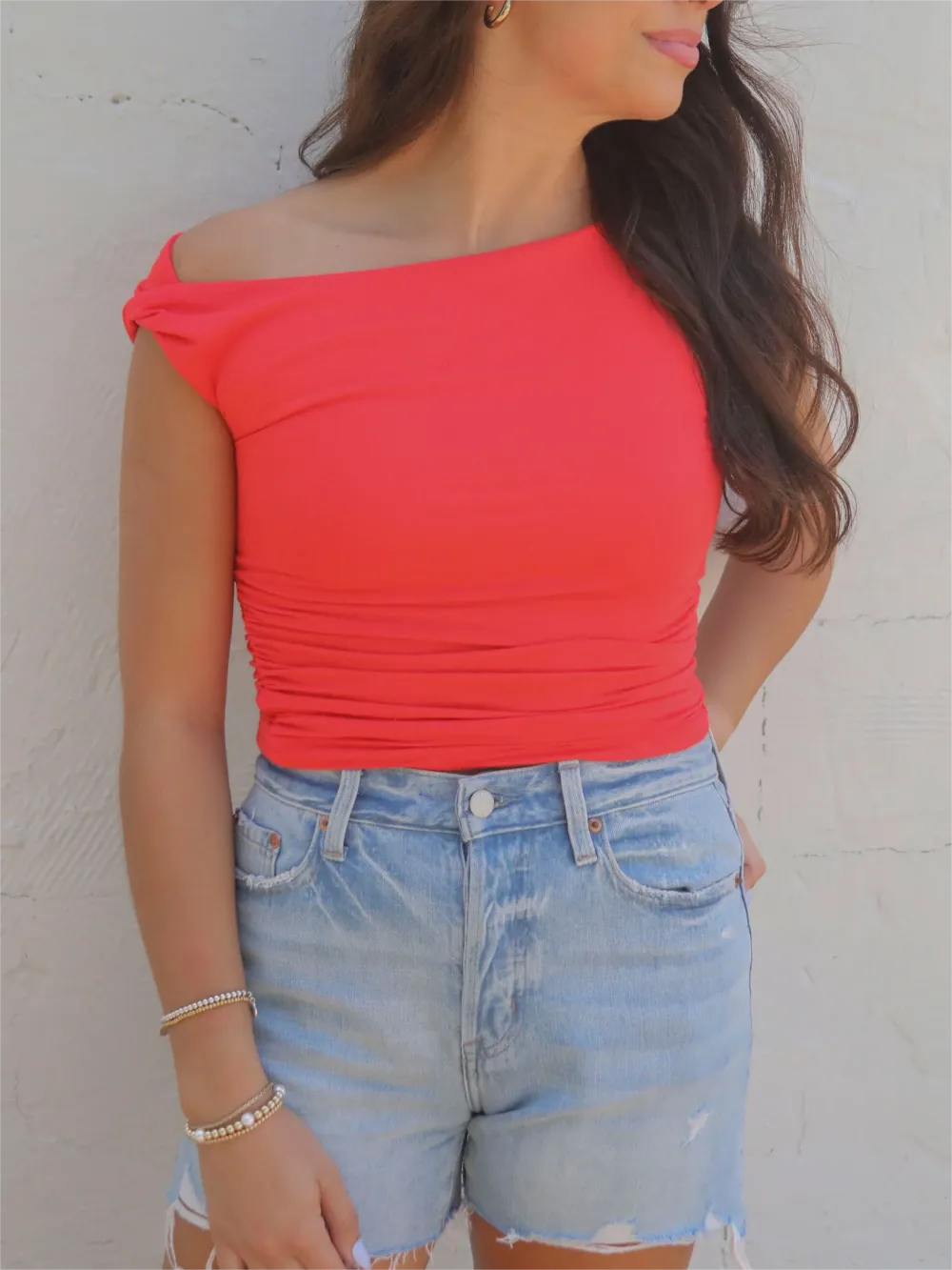 Coral Sleeveless Ruched Knit Crop Top
