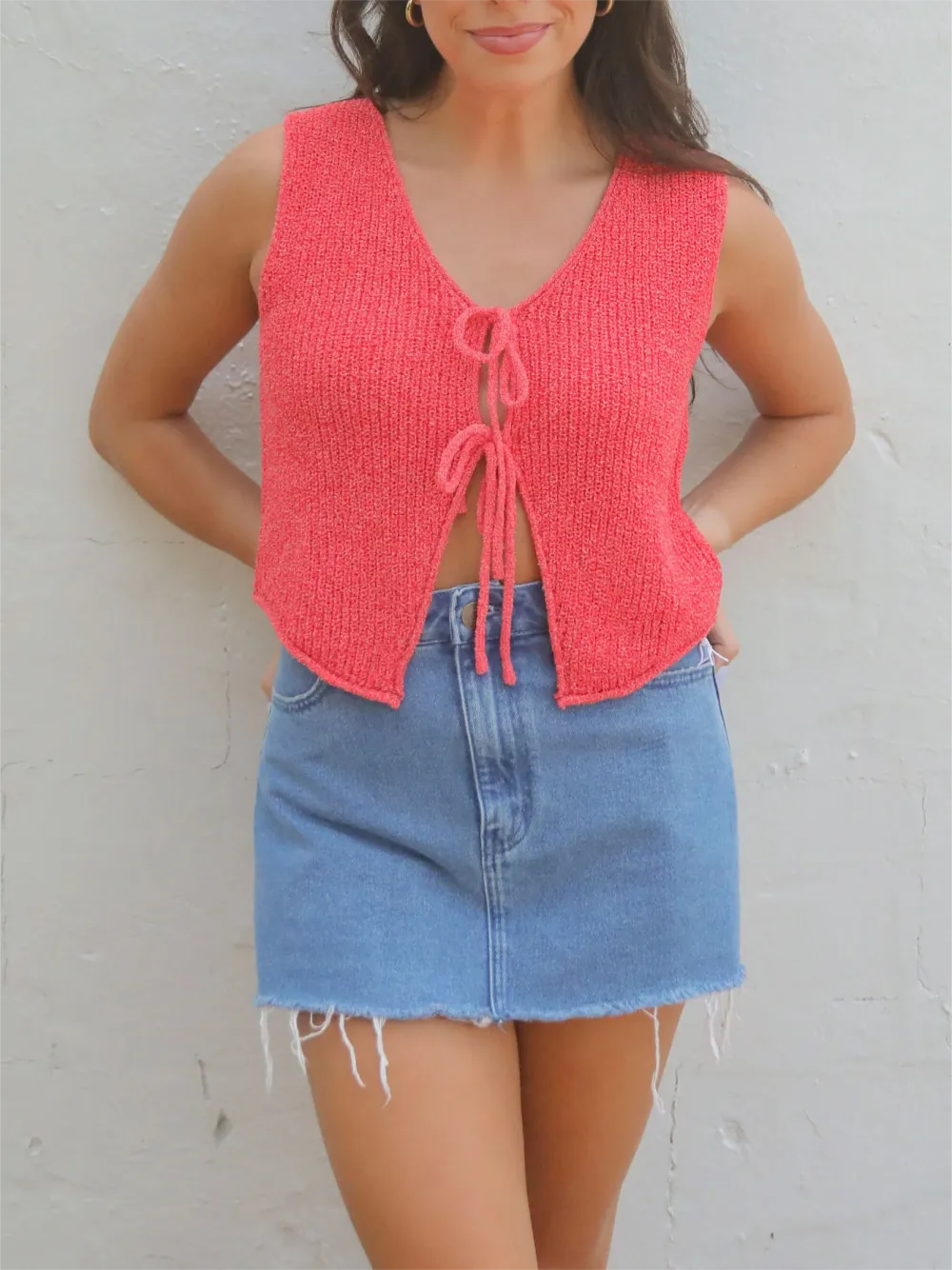 V Neck Tie Front Cropped Knit Top