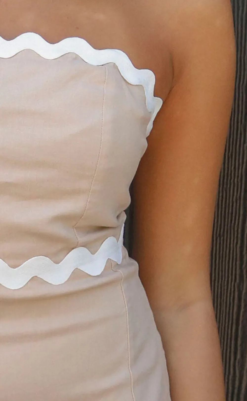 Beige Scalloped Strapless Mini Dress