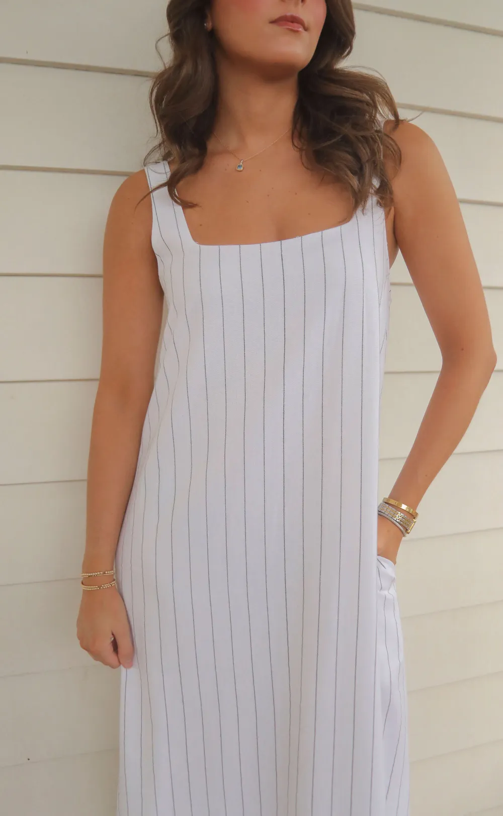 White Striped Sleeveless Maxi Dress