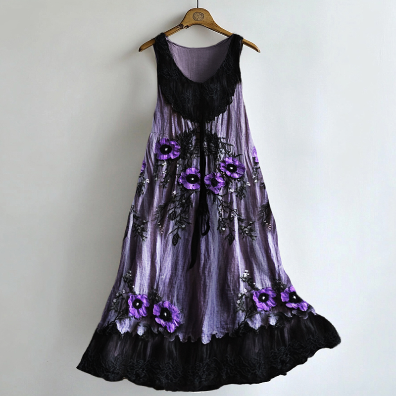 Classy Purple Floral Lace Patchwork Flowy Linen Dress