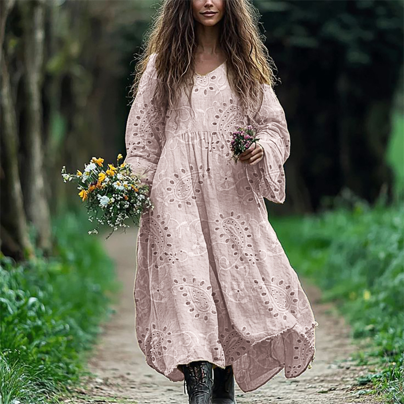 Vintage Western Paisley Floral Embroidered Lace Flowy Linen Dress