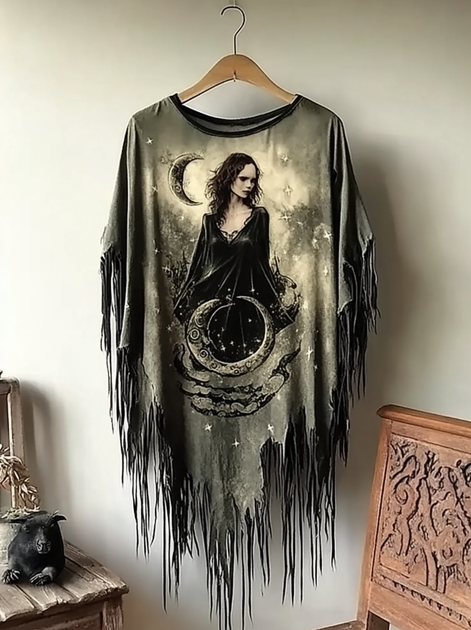 Ethnic handmade star and moon embroidery irregular cloak