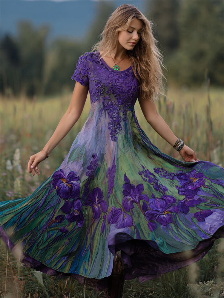 Oil Painting Purple Irises Lace Embroidered Flowy Linen Maxi Dress