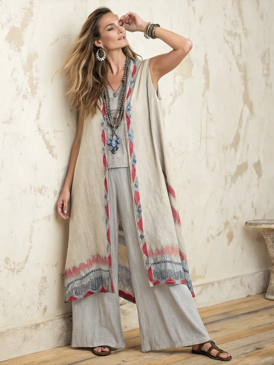 Women's cotton and linen long vest suit