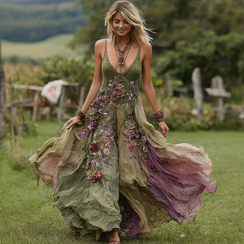 Vintage Floral Embroidery Linen Maxi Dress