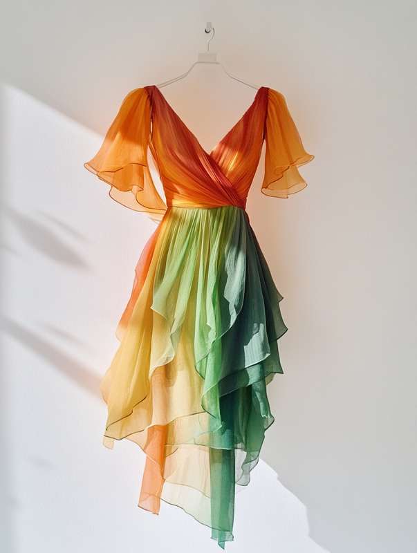 Contrast Rainbow Ruffle Chiffon Dress