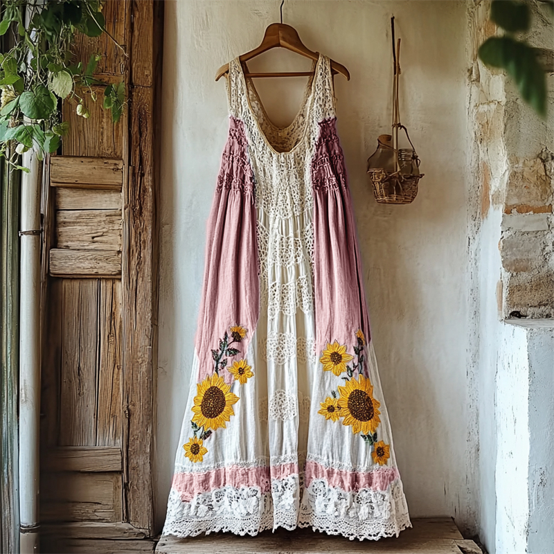 Boho Sunflowers Embroidered Gradient Lace Patchwork Linen Dress