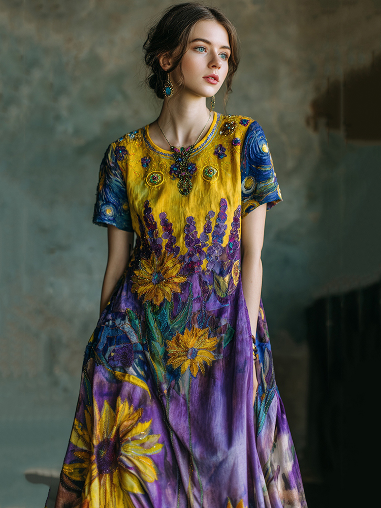 Lavender Starry Sky Oil Painting Print Linen Maxi Dress