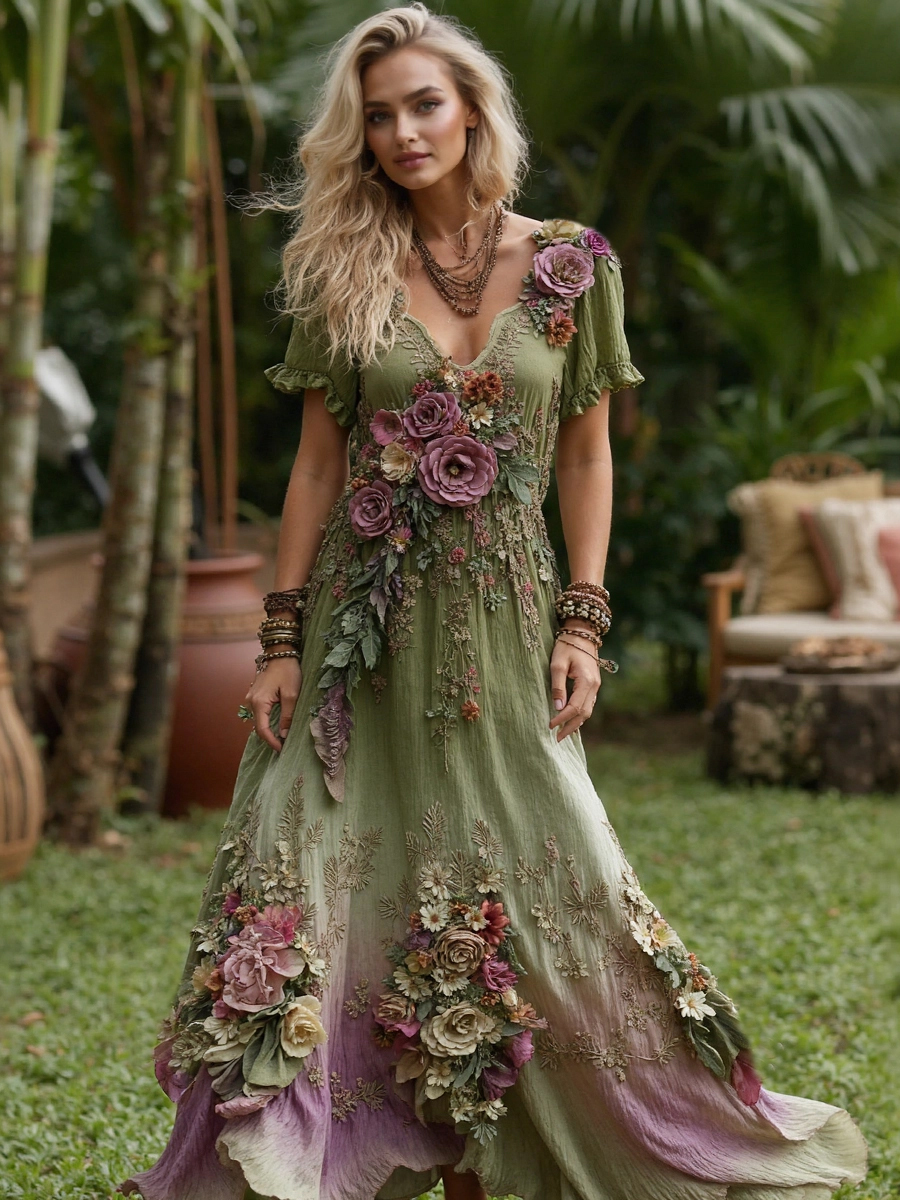 Women's Vintage Floral Embroidery Gradient Pattern V-neck Short Sleeves Maxi Dress