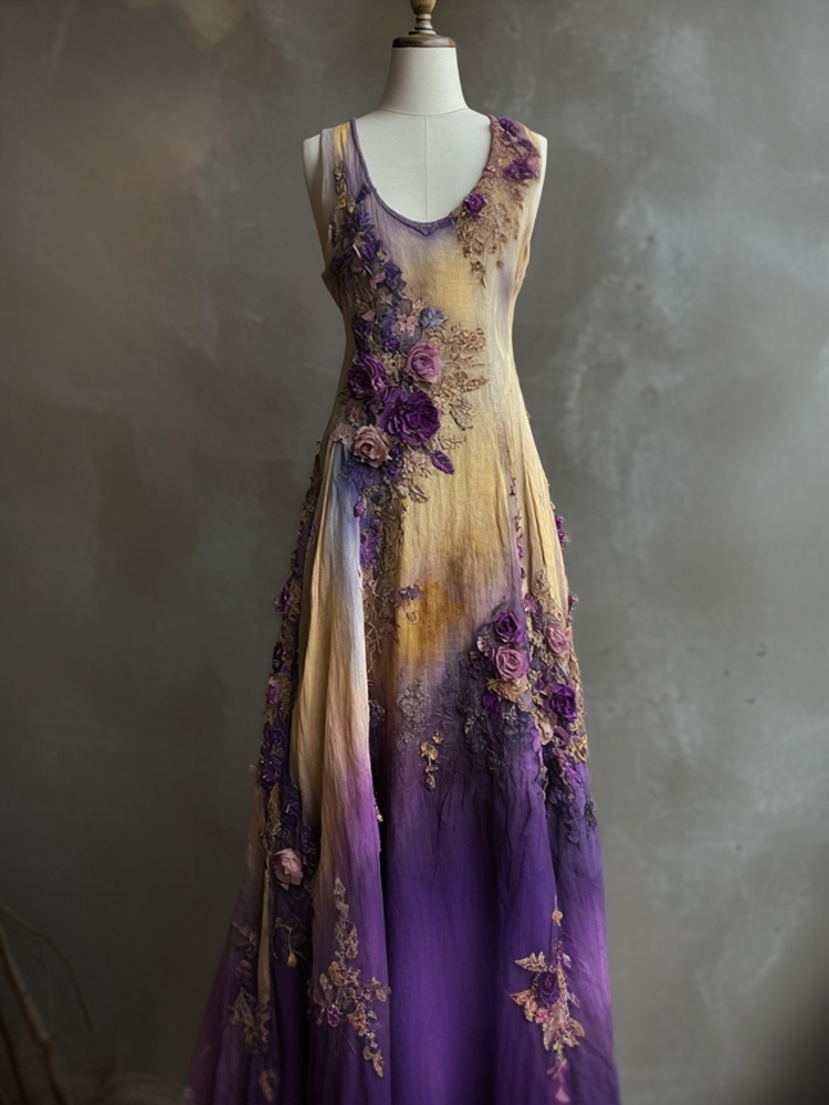 Vintage Purple Floral Embroidered Gradient Linen Maxi Dress