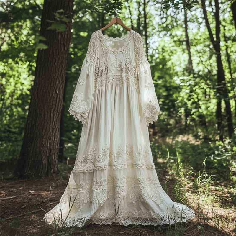 Vintage Floral Embroidered Lace Hem Linen Flowy Maxi Dress