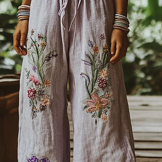 Vintage Bohemian Floral Art Printed Cotton Linen Wide Leg Pants