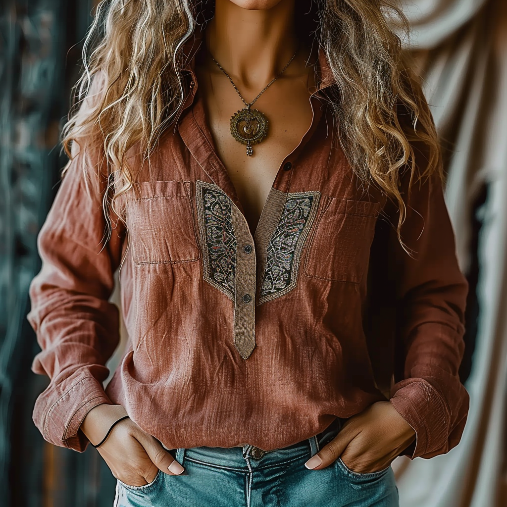Women's Vintage Ethnic Style Embroidered Pocket Shirt