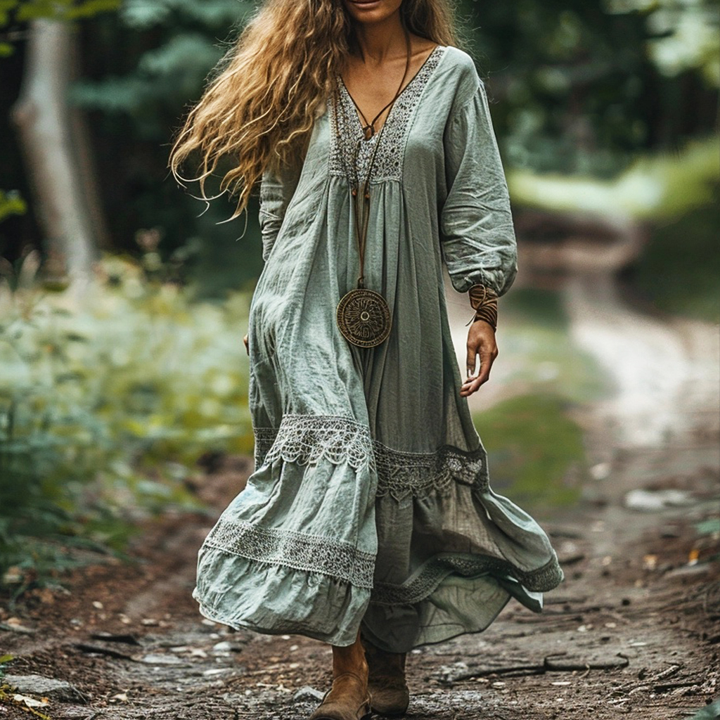 Women's Bohemian Linen Ethnic Casual Maxi Long Dress