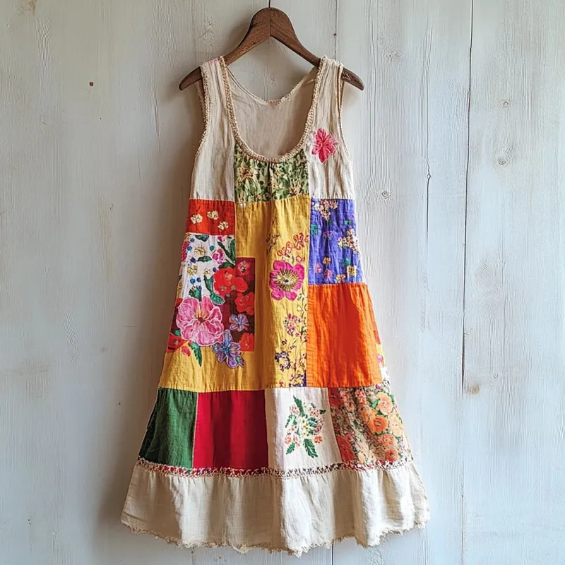 Boho Floral Patchwork Art Linen Blend Dress