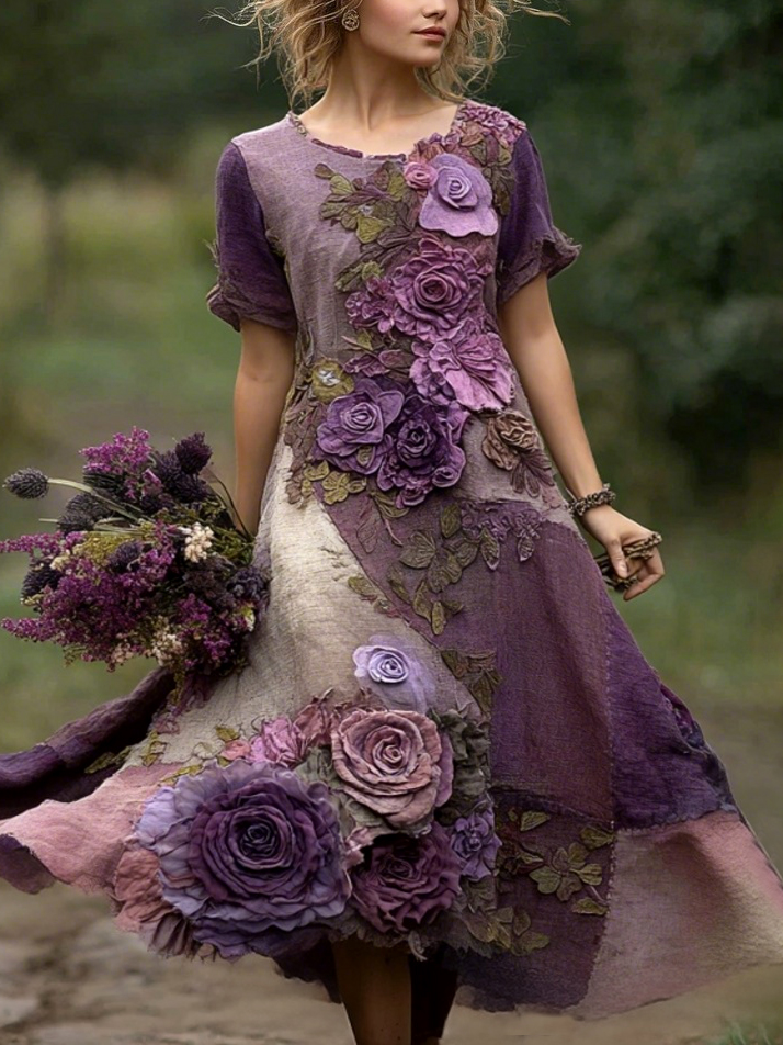 Classy Purple Patchwork And Floral Embroidered Art Linen Maxi Dress