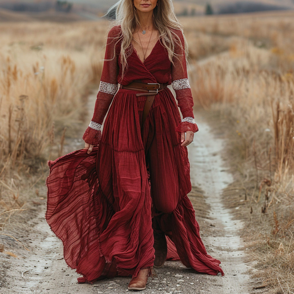 Women's Vintage Paneled Linen Long-sleeve Maxi Long Dress