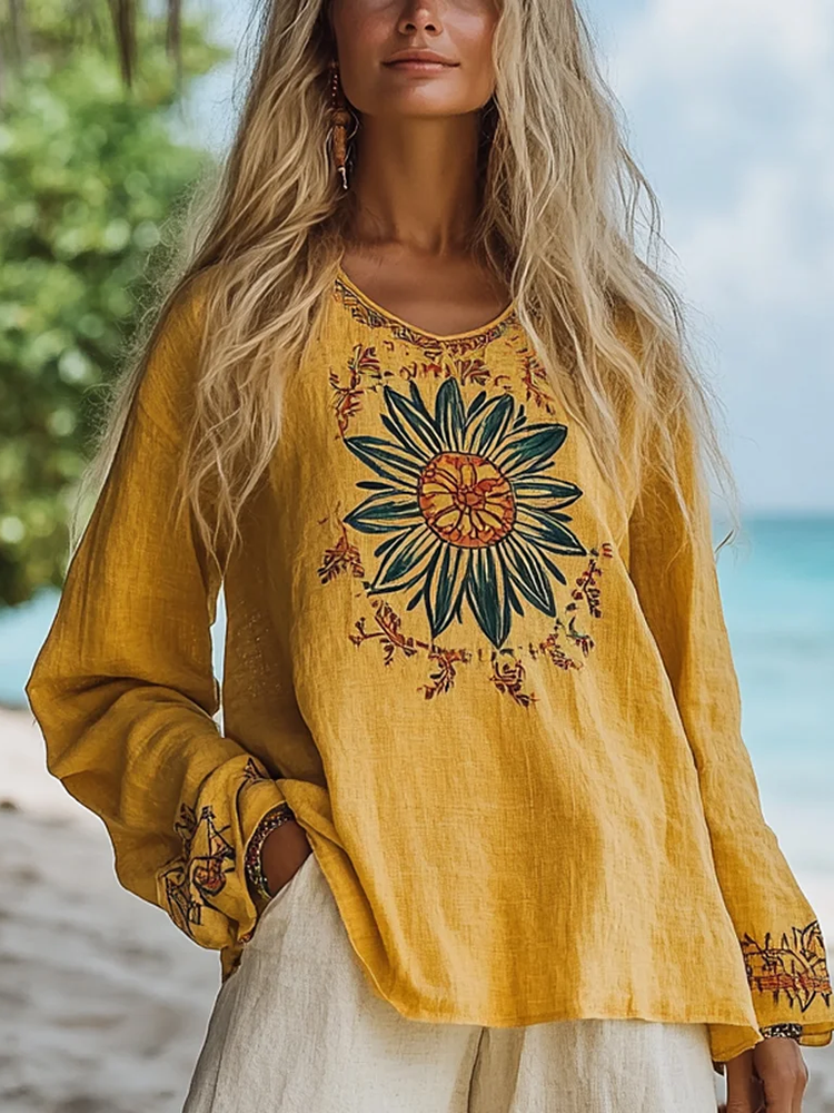 Vintage Bohemian Beach Vacation Linen Long-sleeved Round Neck Tops
