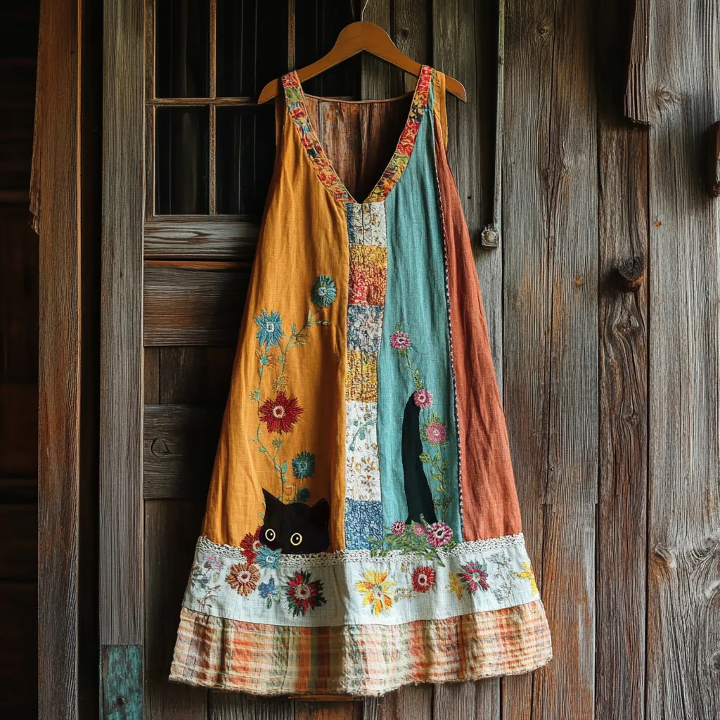 Vintage Black Cat And Patchwork Linen Tank Dress