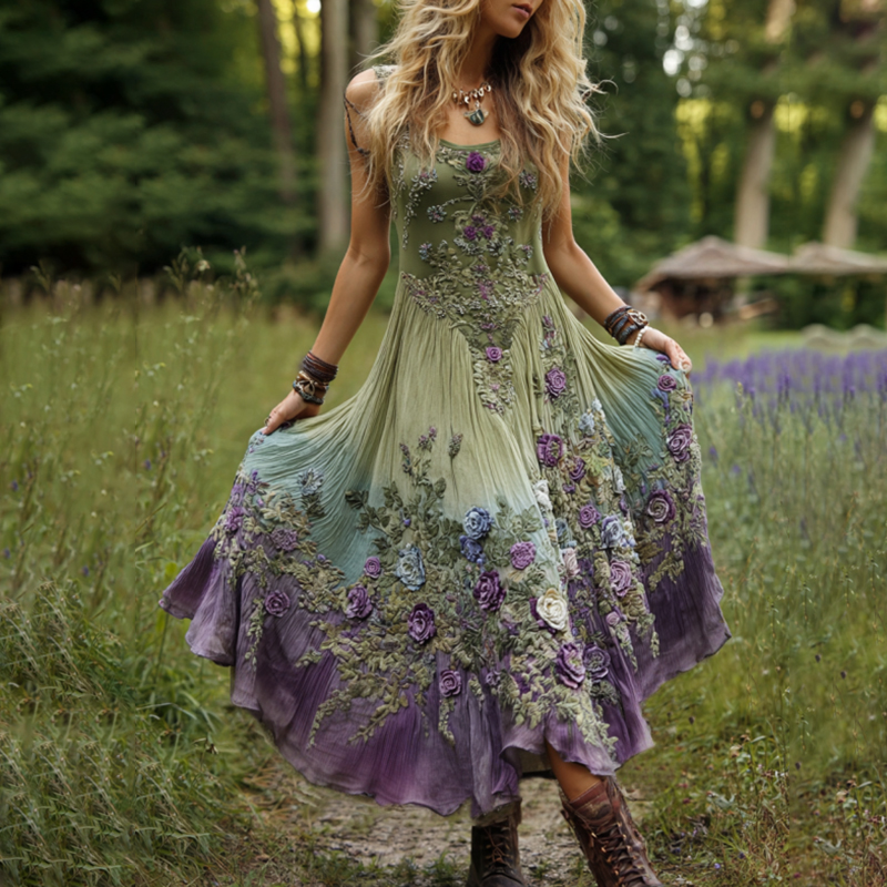 Classy Gradient Purple Lavender And Floral Embroidered Linen Maxi Dress