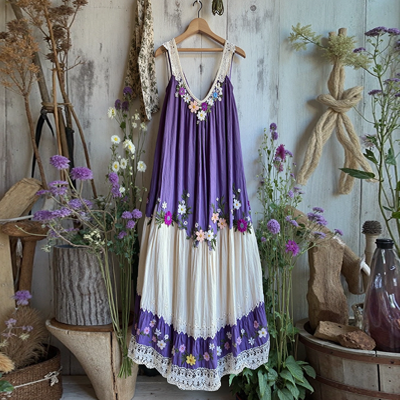 Vintage Lace Flowers Art Linen V Dress