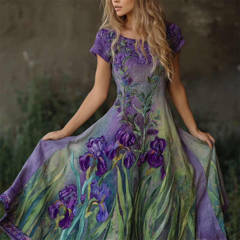 Oil Painting Purple Irises Embroidered Gradient Flowy Linen Maxi Dress