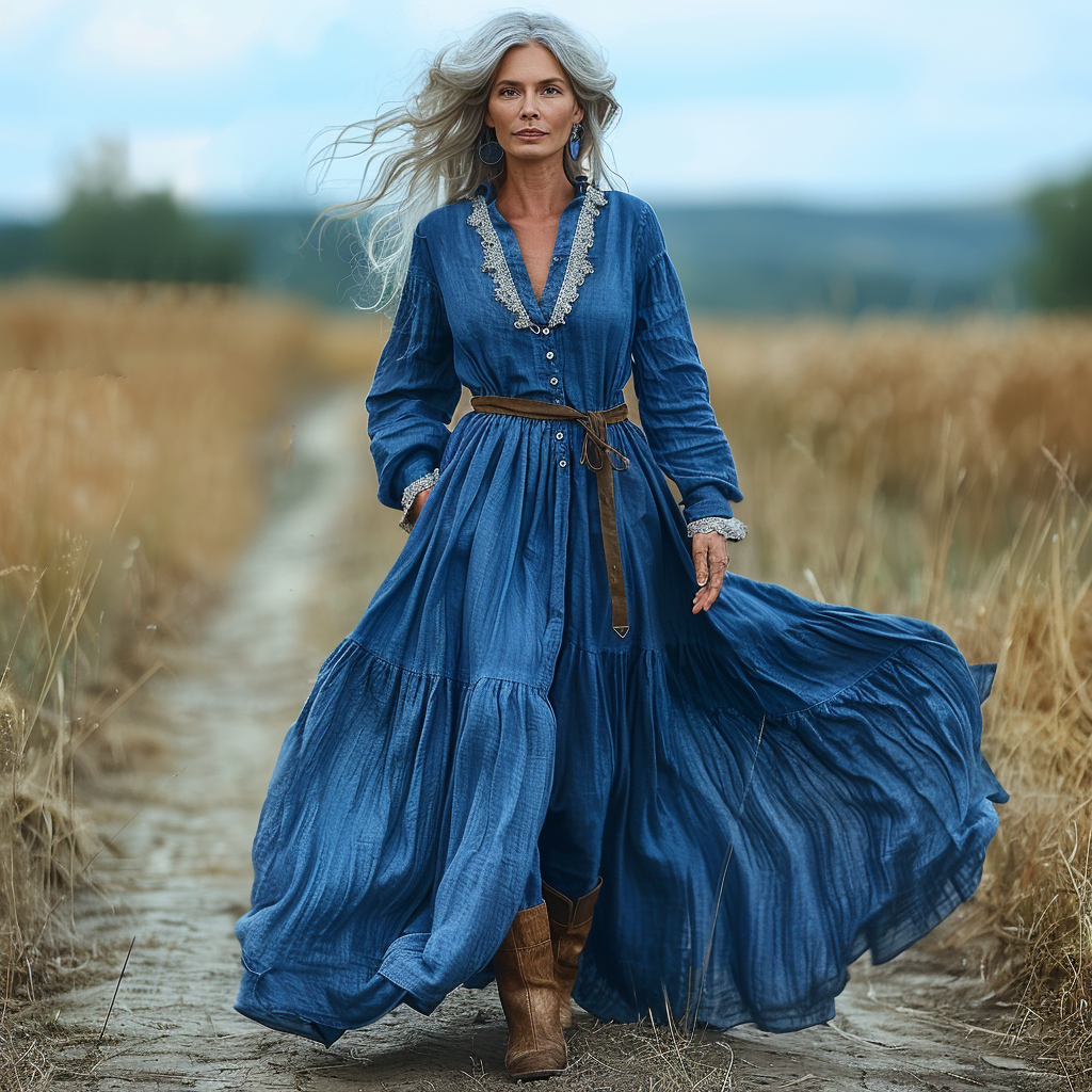 Women's Vintage V-neck Linen Long-sleeve Maxi Long Dress